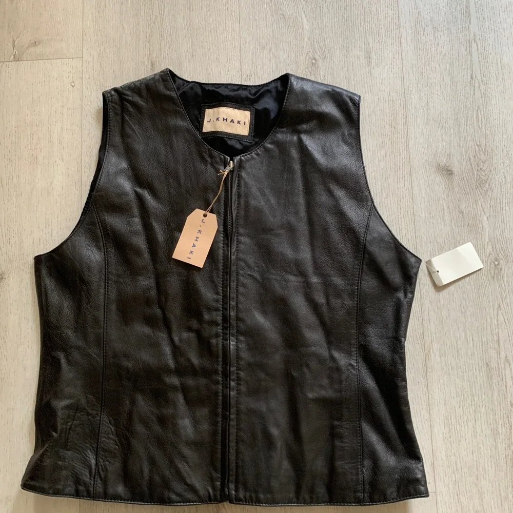 J Khaki Womens‎ Black Leather Zip Front Vest Size Large VS192536B NWT Biker Chic